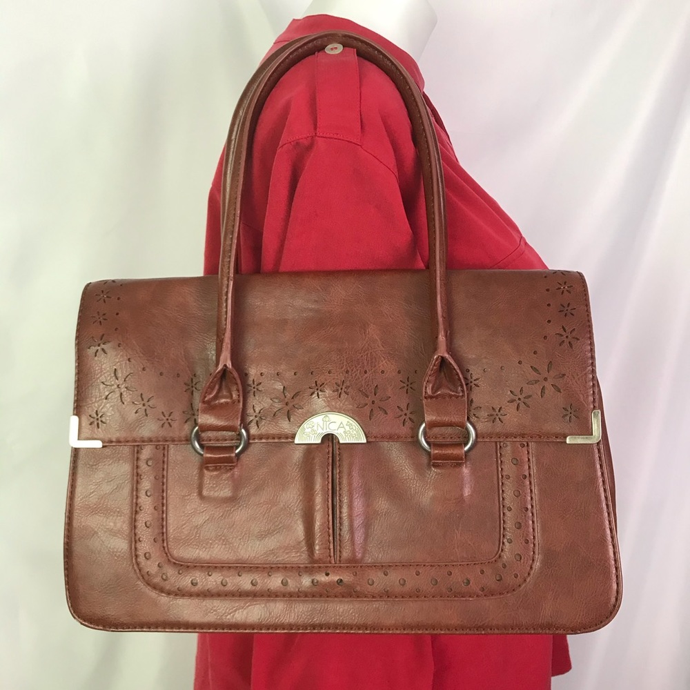 NICA BROWN FAUX LEATHER FLORAL CUT-OUT HANDBAG